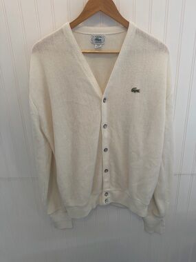 Vintage Izod Lacoste Cream Cardigan Sweater Size XL Acrylic USA Made Croc Logo